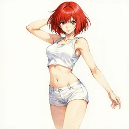 fullbody!! ayami kojima lineart, watercolour, gorgeous girl symmetrical face, short red hair, crop top, shorts, dynamic action pose, hyper detailed, character concept, intricate, elegant, digital painting, artstation, smooth, sharp focus