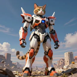 cat mecha, tall robot in the shape of a cat standing up, futuristic, vibrant colors by anato finnstark