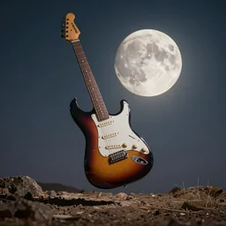 3 d stratocaster floating in the sky next to a full moon