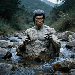 A rock sculpture of Bruce Lee hidden in the middle of a mountain stream, dramatic lighting,  4k