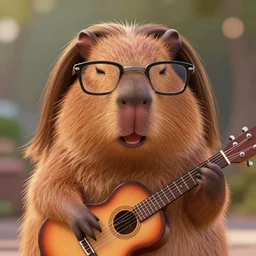symmetrical portrait of the stylish happy furry capibara with guitar, lenon glasses, long trimmed hair, fashion editorial photography, cartoon, pixar, disney, lucasfilm, bokeh, photorealistic, highly detailed, extreme details, 5 0 mm, stylized