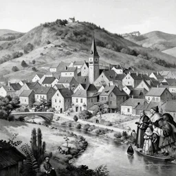 crooked ancient town in a hilly landscape, artstation, artgerm, by frank frazetta, by peter bruegel the elder, by takato yamamoto, river, black and white