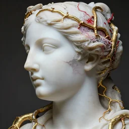 photorealistic white marble greek goddess face profile sculpture entwined by golden roots and crimson vines, flesh shows at parts under the broken marble, red kintsugi, symbolist, visionary, entwined with iridiscent fractal lace, cinematic lighting,