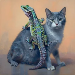 painting of hybrid gecko and ( ( ( ( ( cat ) ) ) ) ) fused together, intercrossed animal, by zdzislaw beksinski, by lewis jones, by mattias adolfsson, cold hue's, warm tone gradient background, concept art, digital painting