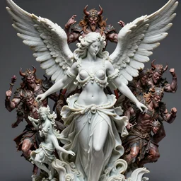 high intricate porcelain baroque stunning woman body sensual angelic warrior symmetrical body and gorgeous focus on face fighting the army of the demon lord, 8 k, white skin long dark hair hyperrealistic hyperdetailed pastel maria panfilova, andrea savchenko, mike kime, ludovic plouffe, qi sheng luo, oliver cook, trending on artstation