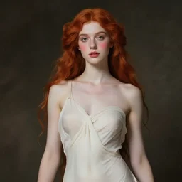 tall woman, lithe goddess, soft red hair, fair skin, art nouveau, flushed cheeks, pink lips, beautiful, grecian goddess, aphrodite, atmospheric