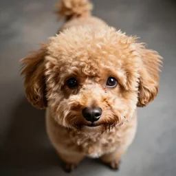 A small poodle puppy which has the head of an angry karen woman with short hair dyed blonde, seen from above, dramatic lighting