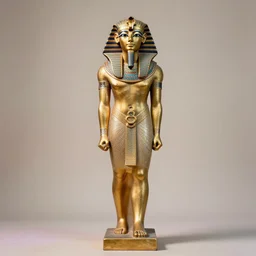 full body portrait of an egyptian god statue, sharp focus, volumetric light, smoky autumn pastels lightings, micro details, ( ( ( gold intricate ) ) ) photorealism, crisp, dirty pale background, hasselblad camera, by annie leibovitz