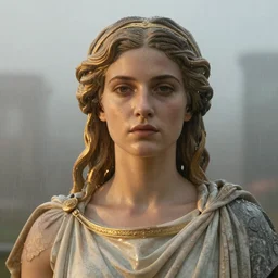 Beautiful aesthetically pleasing female oracle of Delphi portrait, face centered portrait, Confident, fog, rain, volumetric lighting, beautiful, golden hour, sharp focus, ultra detailed, conceptartworld by Leesha Hannigan, Ross Tran, Thierry Doizon, Kai Carpenter, Ignacio Fernández Ríos
