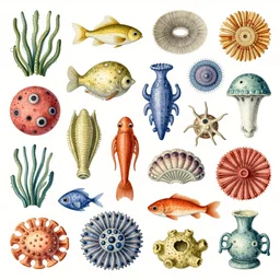 multi-colour patterned illustration of various ocean organisms. lithographic. watercolor. wide shot view. by Ernst Haeckel.