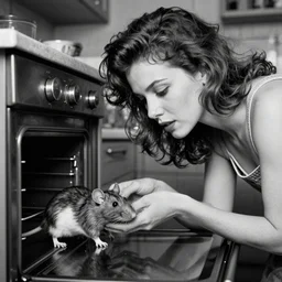 black and white photo of a beauty woman puts a big rat in the oven 90s by Laurie Lipton, high detailed, realistic,dark surrealism, hyper detailed