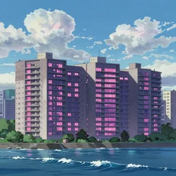 a beautiful landscape image of a huge cyperbunk apartment with pink and purple coloured light coming from windows located on a seacoast, waves, clear sky, breathtaking clouds, anime style, by makoto shinkai