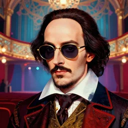 portrait of glamor shakespeare in sunglasses, theater background | highly detailed | very intricate | professional model | cinematic lighting | painted by donato giancola and mandy jurgens and charlie bowater | bold colors, artdeco, art deco vaporwave anime aesthestic, 8 0's nostalgia | featured on artstation