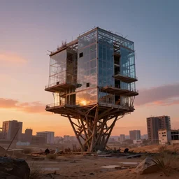 a beautiful photorealistic rendering of abandoned urbex nature unfinished building architecture city industrial architecture building treehouse by rafael aranda, lightpaint sunset at night magic realism bladerunner 2 0 4 9 made of glass desert, archdaily, wallpaper, highly detailed, trending on artstation.