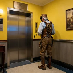 old man waiting for the elevator in a hotel, steampunk, yellow and blue