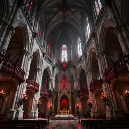 hyper realistic minecraft interior of of a large cavernous grand cathedral with many balconies with demonic influences, black red and white color palate