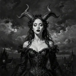 By Tom Bagshaw, ultra realist soft painting of curiosities carnival by night, very beautiful horn single female gothic wearing corset closed eyes, symmetry accurate features, very intricate details, omnious sky, black and white, volumetric light clouds