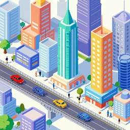 colorful futuristic city full of cars bridges and people, isometric
