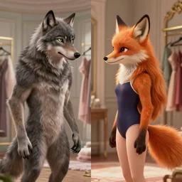 a photorealistic scene from a cgi film showing a lifelike anthro wolfboy ( grey furry with short hair and green eyes, detailed anthro wolflike face, concerned expression ) being transformed into a cute anthro furry foxgirl with long orange fur. wearing a swimsuit standing in an elegant dressing room split screen before and after.