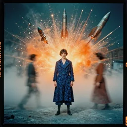 kodak portra 4 0 0, wetplate, muted colours, blueberry and orange and teal, a clockwerk orange, 1 9 2 0 s style, motion blur, portrait photo of a backdrop, explosions, rockets, bombs, sparkling, snow, fog, by georges melies and by britt marling