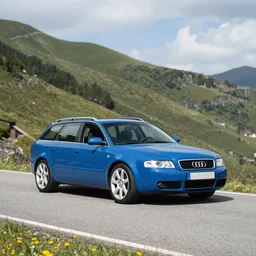 Denim Blue Audi A4 B6 Avant (2002) on a mountain road, wide shot