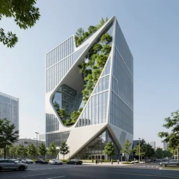 parametric office building, utopian biophilic architecture, minimalist parametric structure, urban green