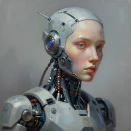 a painting of a robot with a human face, cyberpunk art by android jones, cgsociety, analytical art, dystopian art, future tech, behance hd