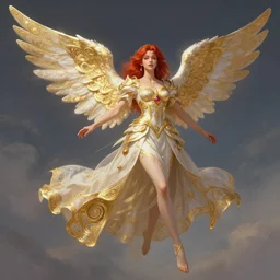 beautiful angel princess flying in the sky, full body shot, red hair, d & d, fantasy, intricate, elegant, golden inlays, highly detailed, digital painting, artstation, concept art, matte, sharp focus, illustration, hearthstone, art by artgerm and greg rutkowski and alphonse mucha