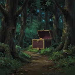 a dark forest path, beautiful ancient trees, hiding large treasure chest, evening atmosphere, soft lens, soft light, cel - shading, animation, in the style of cgsociety, deviantart, artstation, zbrush, cinema 4 d, studio ghibli, akihiko yoshida, atelier lulua, masamune shirow