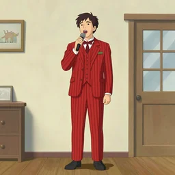 artwork by Michael Whelan, Bob Larkin and Tomer Hanuka, of a solo individual portrait of Joseph Gordon-Levitt wearing a 1920s red striped outfit, costume, dapper, singing a tune, from scene from Twin Peaks, simple illustration, domestic, nostalgic, from scene from Twin Peaks, clean,  full of details, by Makoto Shinkai and thomas kinkade, Matte painting, trending on artstation and unreal engine