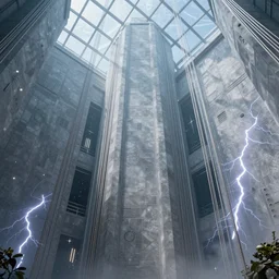 artificer's domain with giant walls and glass ceilings showing the stars and hanging silver cables with lightning around it, light dust, magnificent, close up, details, sharp focus, elegant, highly detailed, illustration, by Jordan Grimmer and greg rutkowski and PiNe(パイネ) and 薯子Imoko and 香川悠作 and wlop and maya takamura, intricate, beautiful, Trending artstation, pixiv, digital Art