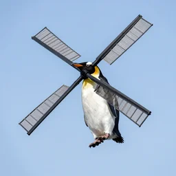penguin on a flying windmill by greg ruthkowski