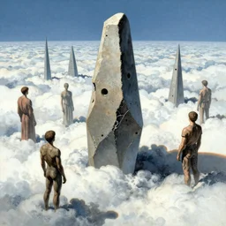 the monolith of man and dreams amongst the clouds, incredible detail, in the style of moebius