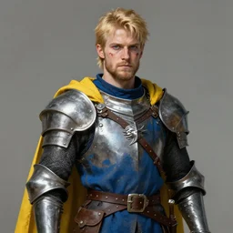 a rugged young knight with blonde hair and blue eyes and a short beard and a scar under his left eye wearing a blue shirt steel pauldrons and a yellow cape and leather boots by Tony Sart, realistic, highly detailed, masterpiece, ArtStation