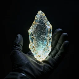 a glowing shard of kryptonite held in an open black - gloved hand, pitch black background