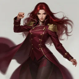 a highly detailed illustration of beautiful long dark red haired woman wearing wine red epaulette uniform and coat cape, dramatic wielding strings pose, intricate, elegant, highly detailed, centered, digital painting, artstation, concept art, smooth, sharp focus, league of legends concept art, wlop