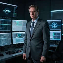 a man in gray corporate suit standing in dark in front of supercomputer with many monitors and displays, on one of the monitors the skynet logo, photorealistic, highly detailed, 4 k, hd