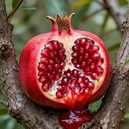 elon musk as a pomegranate about to burst, leaking disgusting ketchup, growing from tree