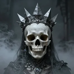 skull queen with an origami crown, hints of silver jewelry, gothic, eerie, intricate detail, dramatic lighting, mist, grey, 8k