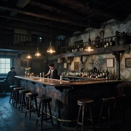 interior of a 1 9 th century western american tavern, the bar, cimenatic, dramatic lighting, cool, ultra - wide view, westworld style, by gabriel yeganyan, peter mohrbacher and ghibli