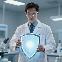 The mad scientist in the white lab coat has a glowing shield of bioluminescent armor protecting him during the battle. Action photo. Highly stylized. Anime.