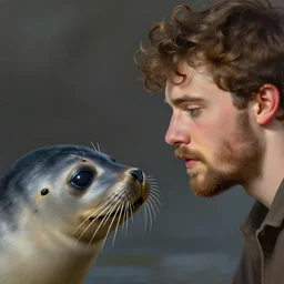 a young man and a seal staring at each other intently. the man has brown curly hair, brown beard, small nose, blue eyes. the seal is gray. digital painting by annie lebowitz. extremely detailed, ultra realistic
