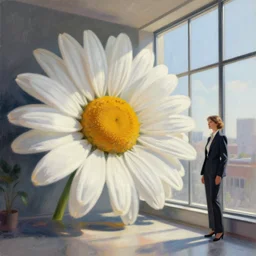 giant daisy flower head, a woman in a suit, standing next to modern window in luxury loft, surreal photography, sunlight, impressionist painting, digital painting, artstation, simon stalenhag