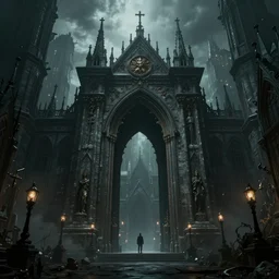 The portal to Cthulu's realm open in front of a gothic metropolis, rendered in octane, CryEngine, hype realistic, digital art, Artstation, Lovecraftian, 8k