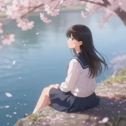 Soft blur, digital art, anime, advanced digital art, girl sitting at the edge of a cliff overlooking a lake filled with sakura petals, light reflected on her face. —W 1024 —H 1024