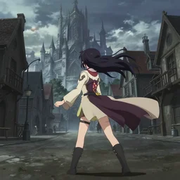 anime frames, anime visual, full body portrait of a young woman in the medieval city square looking at the fantasy palace in the distance, cute face by ilya kuvshinov, akiko takase, dynamic pose, dynamic perspective, rounded eyes, moody, psycho pass, kyoani, yoh yoshinari