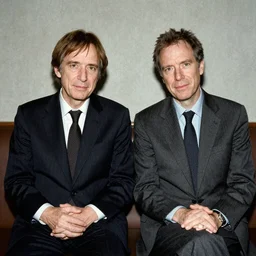 “ david foster wallace and thomas pynchon at a dinner party hosted by haruki murakami, all are dressed in suits ”