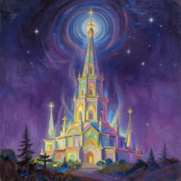“ a landscape pastel in the style of bob ross of an ancient holy tower, it has iridescent mana radiating from it. it is centered. the background is the starry sky at night. key art. 4 k retrofuturistic fantasy ”