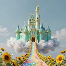 a small, light turquoise castle with many different heights of filigree art nouveau turrets. the sprawling castle floats in a shimmering cloud of the element ether, a curvy, rainbow - colored path, which is overgrown with sunflowers at the edges, leads through a colorful, iridescent sphere, leading to the portal of the light turquoise castle, detailed painting, fantasy, metallic gold, golden outlines, magic, magnificently