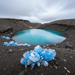 landscape photo of a small emerald lake surrounded by giant blue quartz crystals popping out of the ground, in iceland, epic vista, 1 0 mm, 8 k, high quality